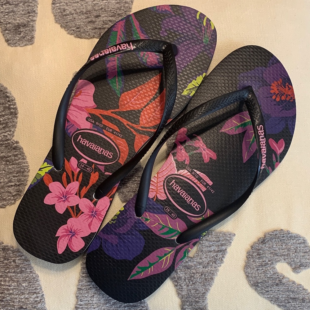 Havaianas Black Flip Flops with Pink & Purple Floral Print